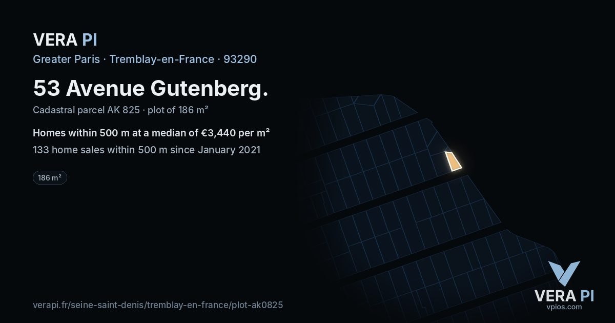 53 Avenue Gutenberg, Tremblay-en-France at night – the plot lit, the parcels around coloured by the prices near them
