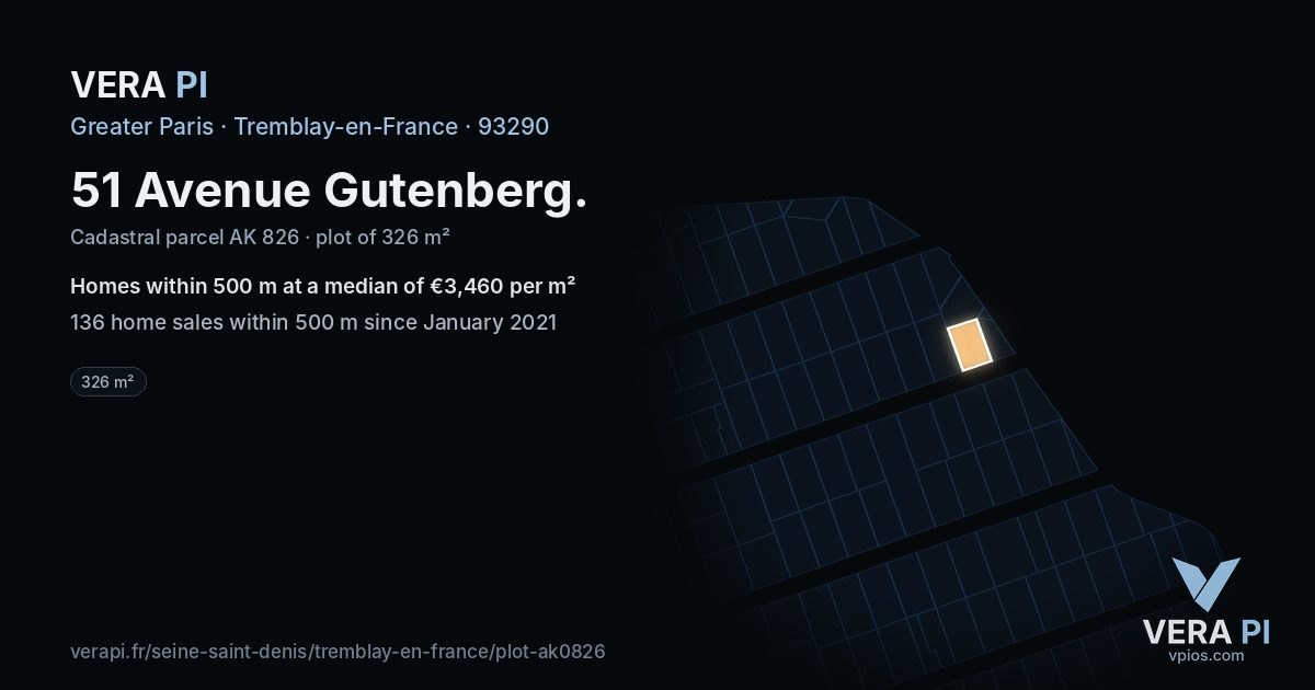 51 Avenue Gutenberg, Tremblay-en-France at night – the plot lit, the parcels around coloured by the prices near them