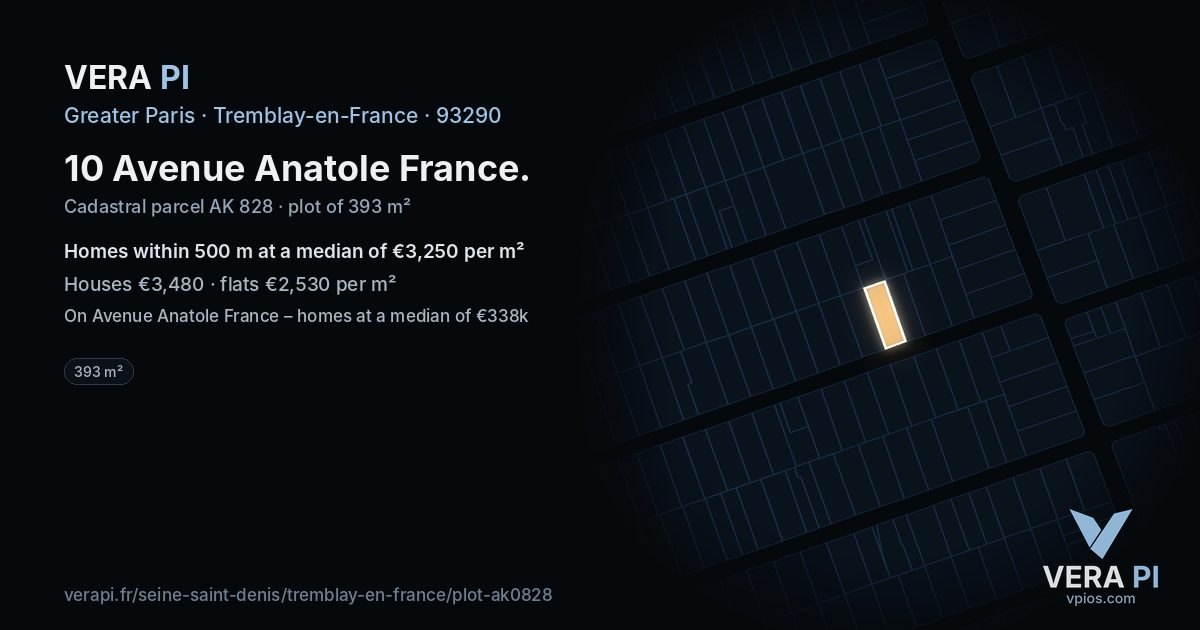 10 Avenue Anatole France, Tremblay-en-France at night – the plot lit, the parcels around coloured by the prices near them