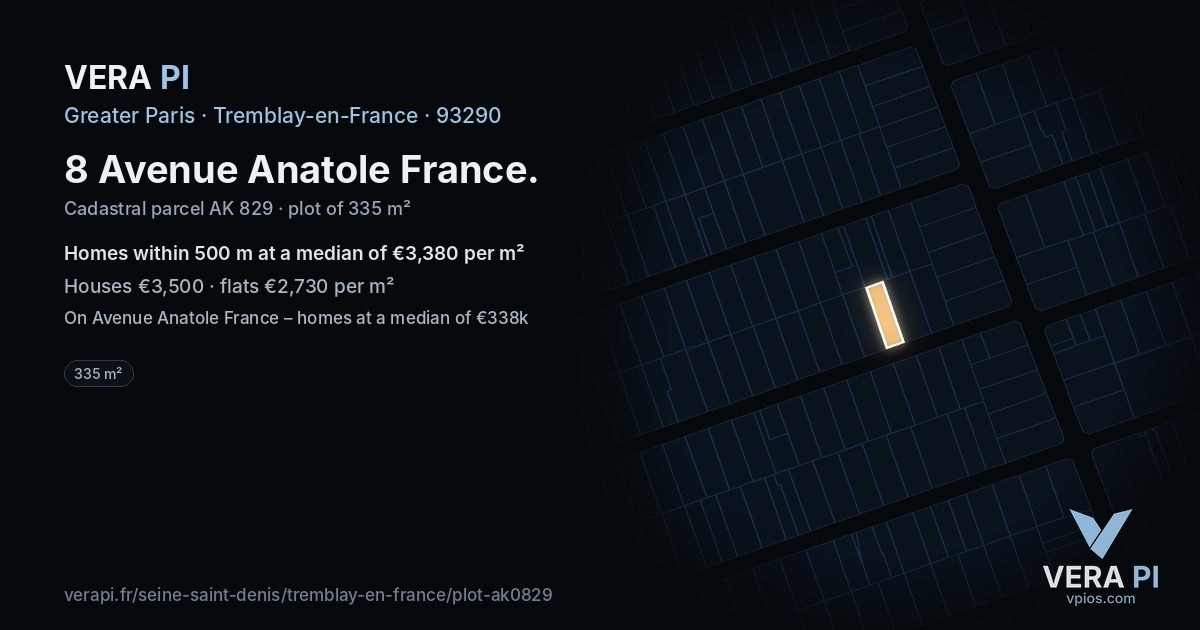 8 Avenue Anatole France, Tremblay-en-France at night – the plot lit, the parcels around coloured by the prices near them