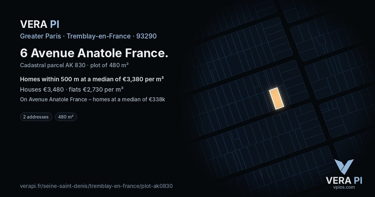 6 Avenue Anatole France, Tremblay-en-France at night – the plot lit, the parcels around coloured by the prices near them