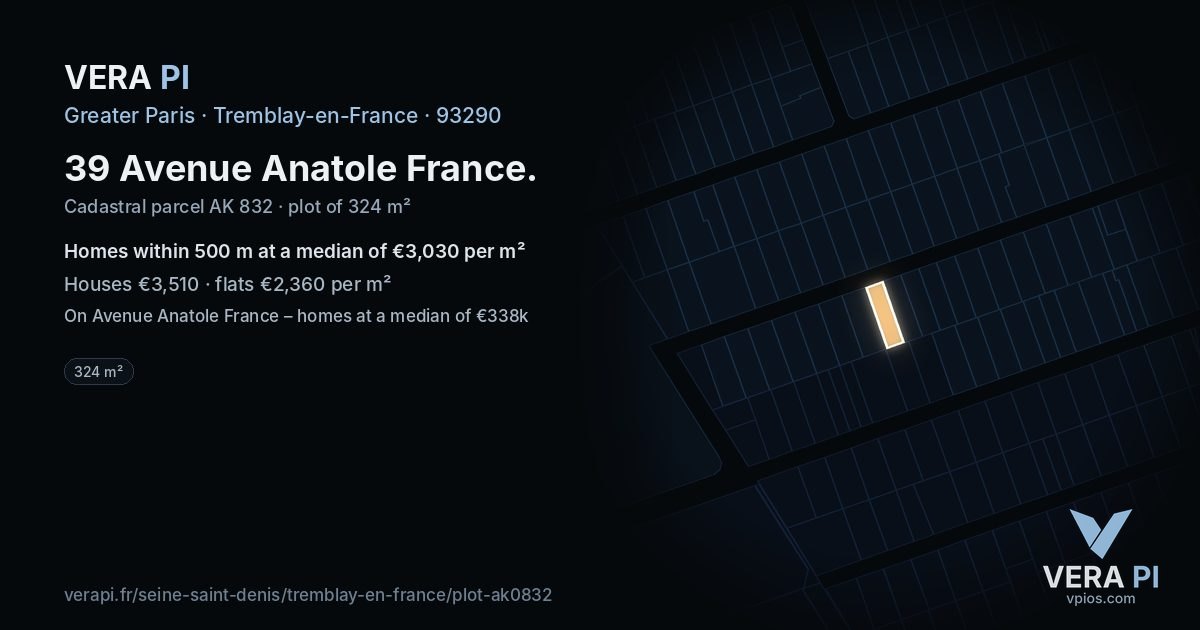 39 Avenue Anatole France, Tremblay-en-France at night – the plot lit, the parcels around coloured by the prices near them