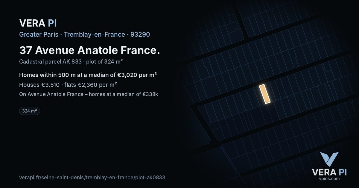 37 Avenue Anatole France, Tremblay-en-France at night – the plot lit, the parcels around coloured by the prices near them