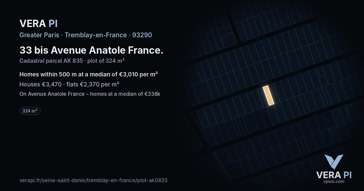 33 bis Avenue Anatole France, Tremblay-en-France at night – the plot lit, the parcels around coloured by the prices near them