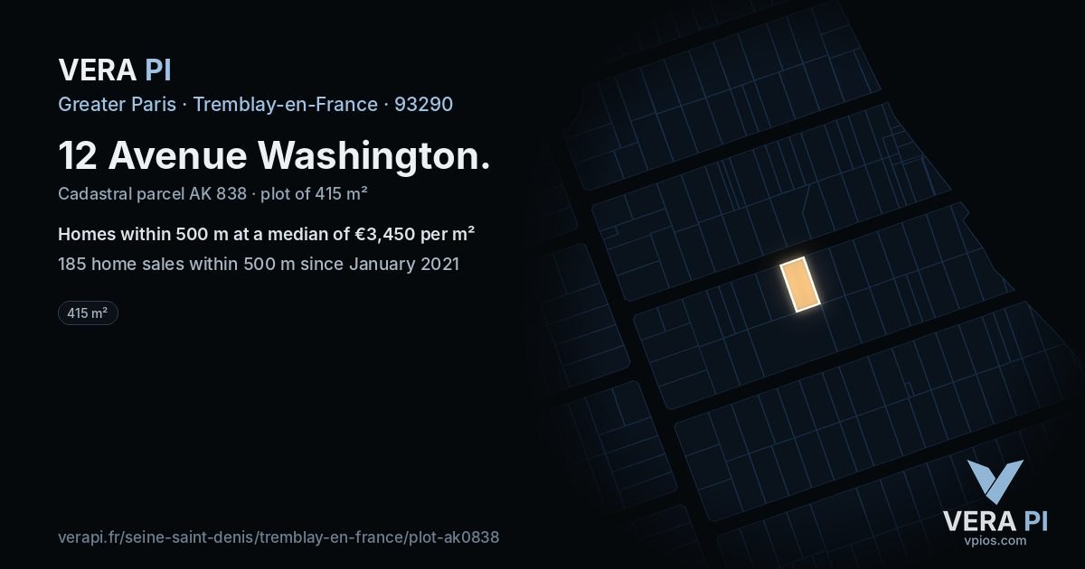 12 Avenue Washington, Tremblay-en-France at night – the plot lit, the parcels around coloured by the prices near them
