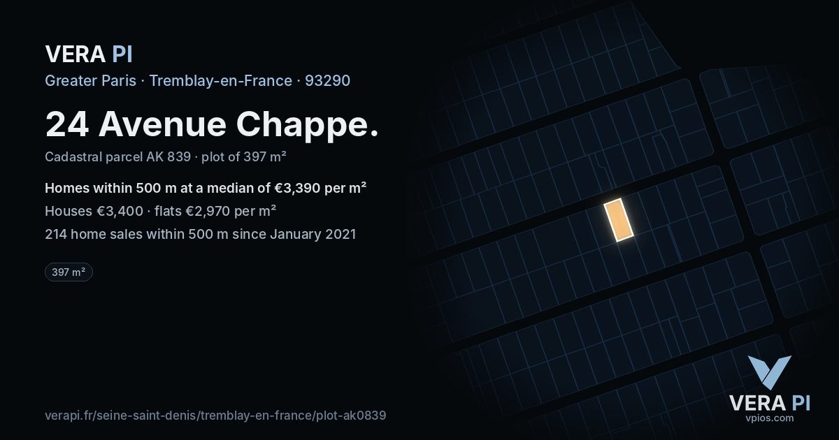 24 Avenue Chappe, Tremblay-en-France at night – the plot lit, the parcels around coloured by the prices near them
