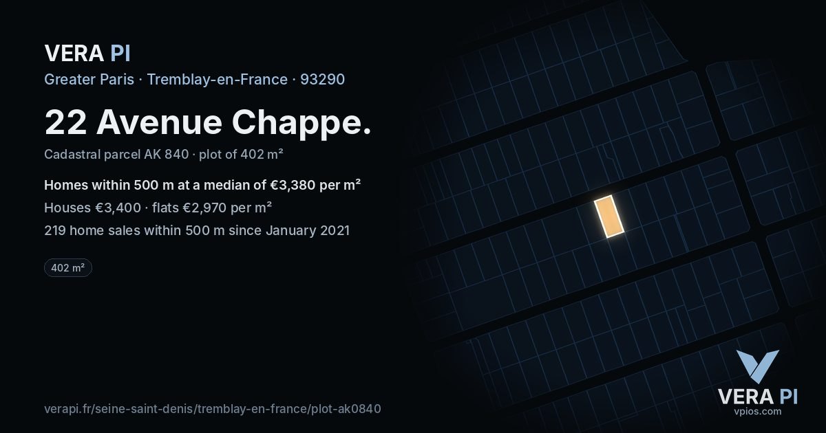 22 Avenue Chappe, Tremblay-en-France at night – the plot lit, the parcels around coloured by the prices near them