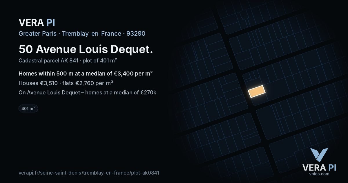 50 Avenue Louis Dequet, Tremblay-en-France at night – the plot lit, the parcels around coloured by the prices near them