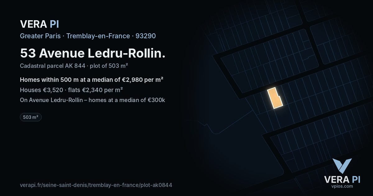 53 Avenue Ledru-Rollin, Tremblay-en-France at night – the plot lit, the parcels around coloured by the prices near them