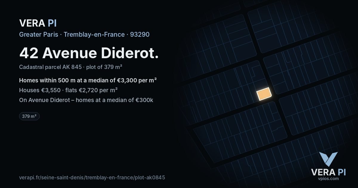 42 Avenue Diderot, Tremblay-en-France at night – the plot lit, the parcels around coloured by the prices near them