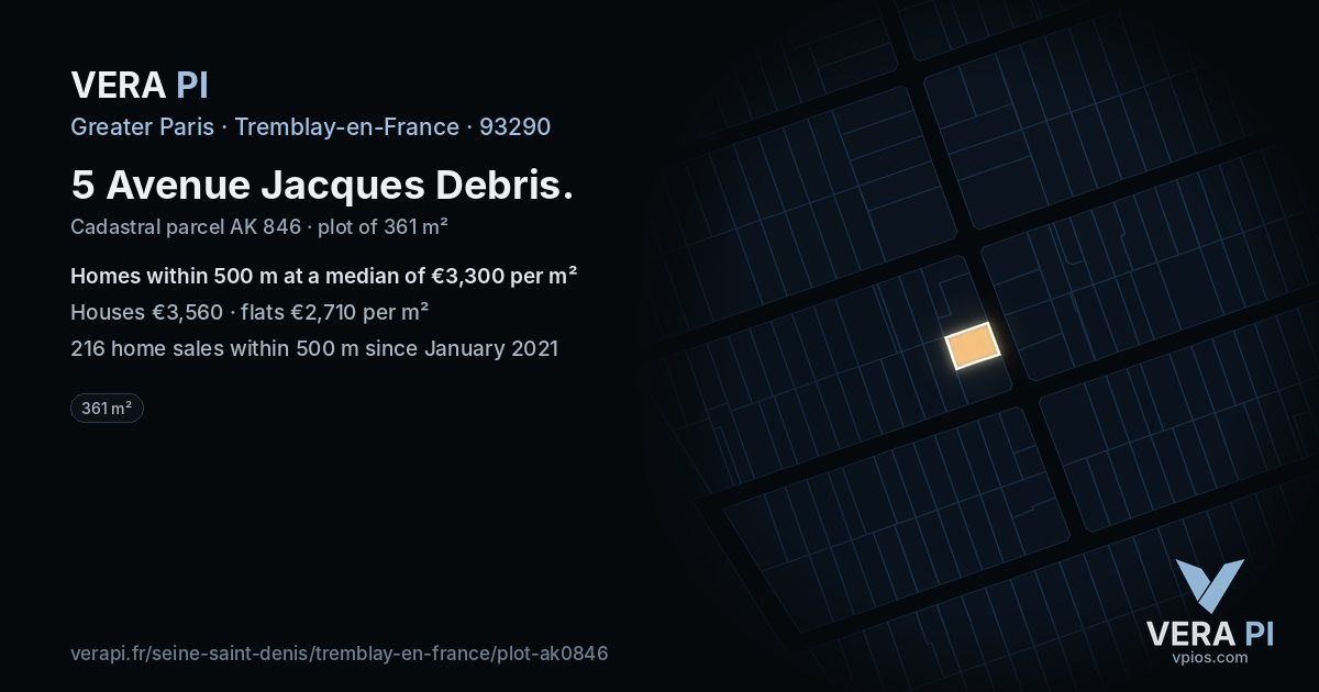 5 Avenue Jacques Debris, Tremblay-en-France at night – the plot lit, the parcels around coloured by the prices near them