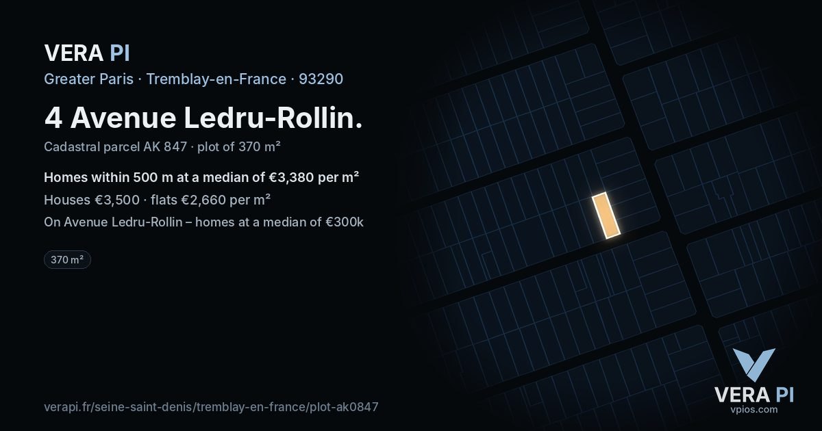 4 Avenue Ledru-Rollin, Tremblay-en-France at night – the plot lit, the parcels around coloured by the prices near them