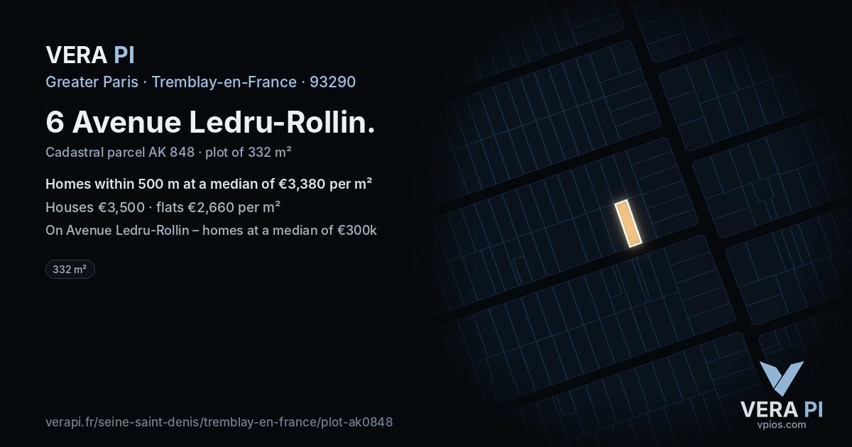 6 Avenue Ledru-Rollin, Tremblay-en-France at night – the plot lit, the parcels around coloured by the prices near them