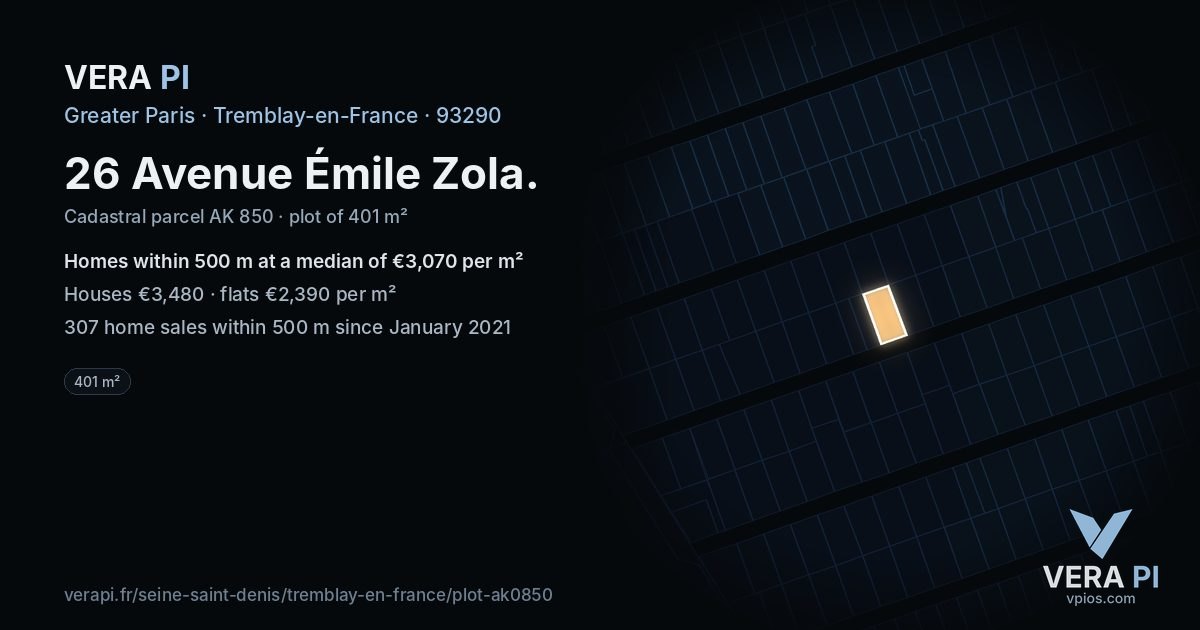 26 Avenue Émile Zola, Tremblay-en-France at night – the plot lit, the parcels around coloured by the prices near them