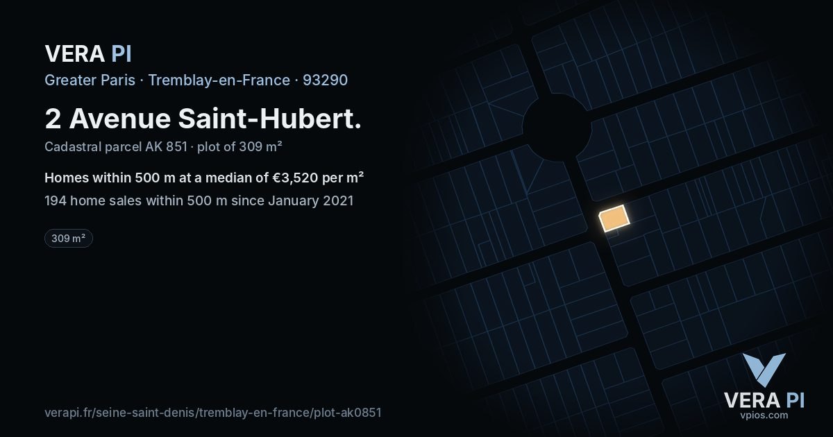 2 Avenue Saint-Hubert, Tremblay-en-France at night – the plot lit, the parcels around coloured by the prices near them
