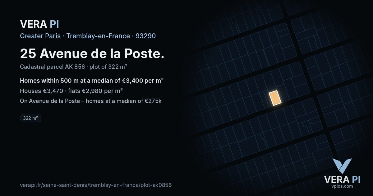 25 Avenue de la Poste, Tremblay-en-France at night – the plot lit, the parcels around coloured by the prices near them