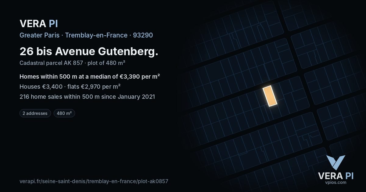 26 bis Avenue Gutenberg, Tremblay-en-France at night – the plot lit, the parcels around coloured by the prices near them