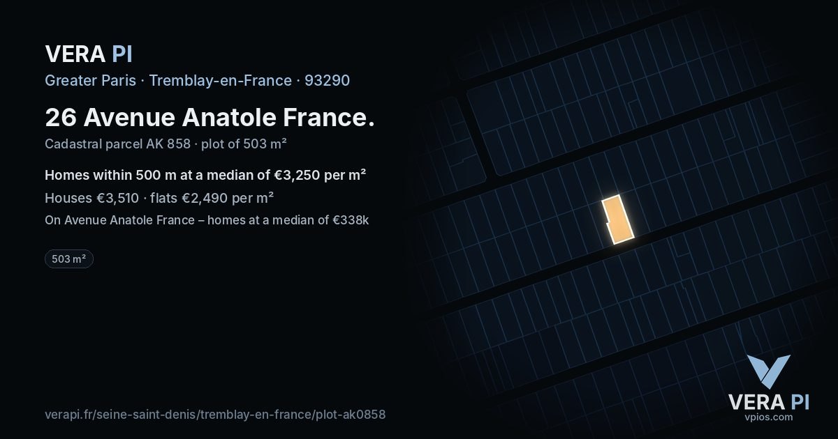 26 Avenue Anatole France, Tremblay-en-France at night – the plot lit, the parcels around coloured by the prices near them