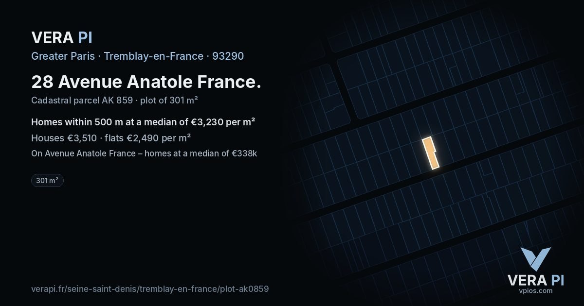 28 Avenue Anatole France, Tremblay-en-France at night – the plot lit, the parcels around coloured by the prices near them