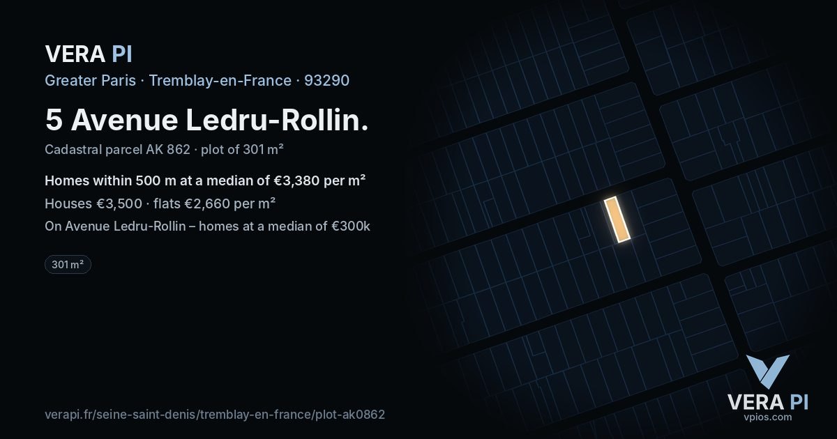 5 Avenue Ledru-Rollin, Tremblay-en-France at night – the plot lit, the parcels around coloured by the prices near them
