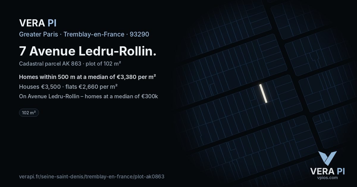7 Avenue Ledru-Rollin, Tremblay-en-France at night – the plot lit, the parcels around coloured by the prices near them