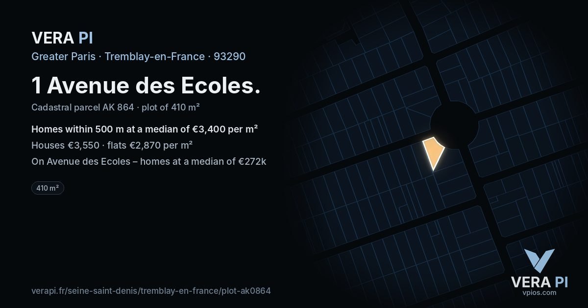 1 Avenue des Ecoles, Tremblay-en-France at night – the plot lit, the parcels around coloured by the prices near them