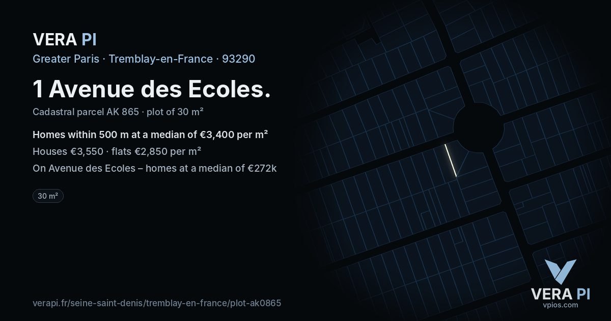 1 Avenue des Ecoles, Tremblay-en-France at night – the plot lit, the parcels around coloured by the prices near them