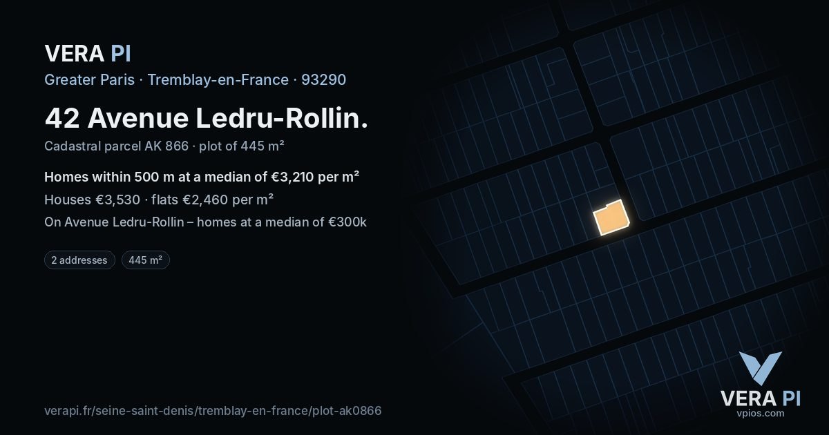 42 Avenue Ledru-Rollin, Tremblay-en-France at night – the plot lit, the parcels around coloured by the prices near them