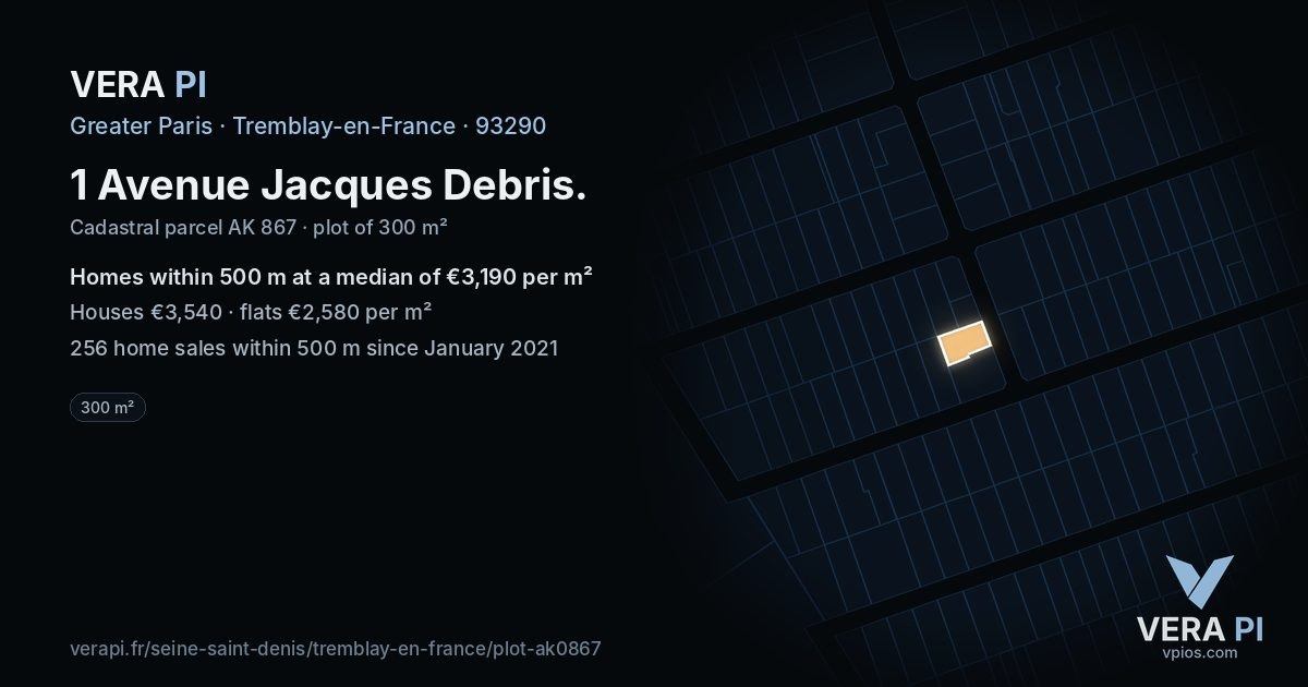 1 Avenue Jacques Debris, Tremblay-en-France at night – the plot lit, the parcels around coloured by the prices near them