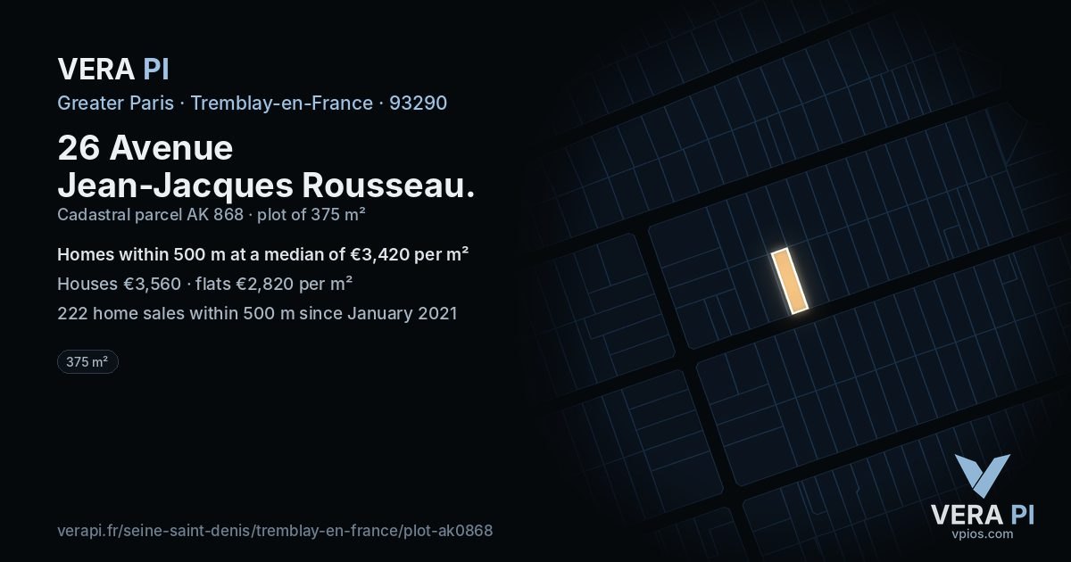 26 Avenue Jean-Jacques Rousseau, Tremblay-en-France at night – the plot lit, the parcels around coloured by the prices near them