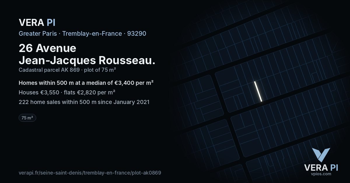 26 Avenue Jean-Jacques Rousseau, Tremblay-en-France at night – the plot lit, the parcels around coloured by the prices near them