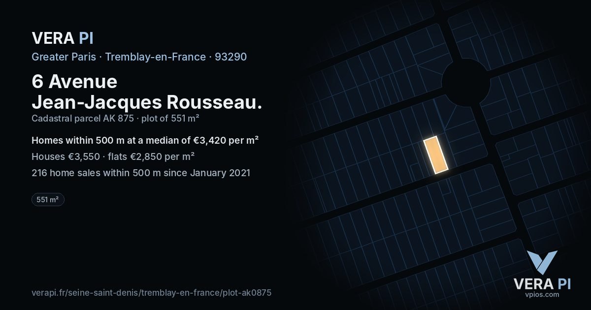 6 Avenue Jean-Jacques Rousseau, Tremblay-en-France at night – the plot lit, the parcels around coloured by the prices near them