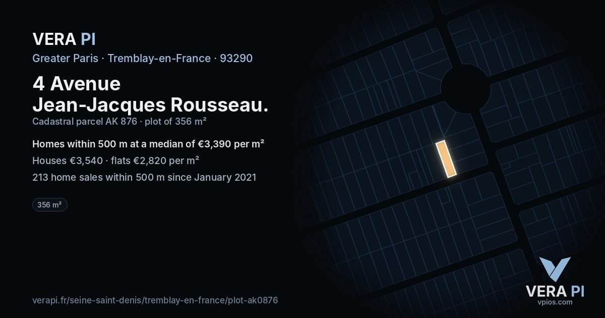 4 Avenue Jean-Jacques Rousseau, Tremblay-en-France at night – the plot lit, the parcels around coloured by the prices near them