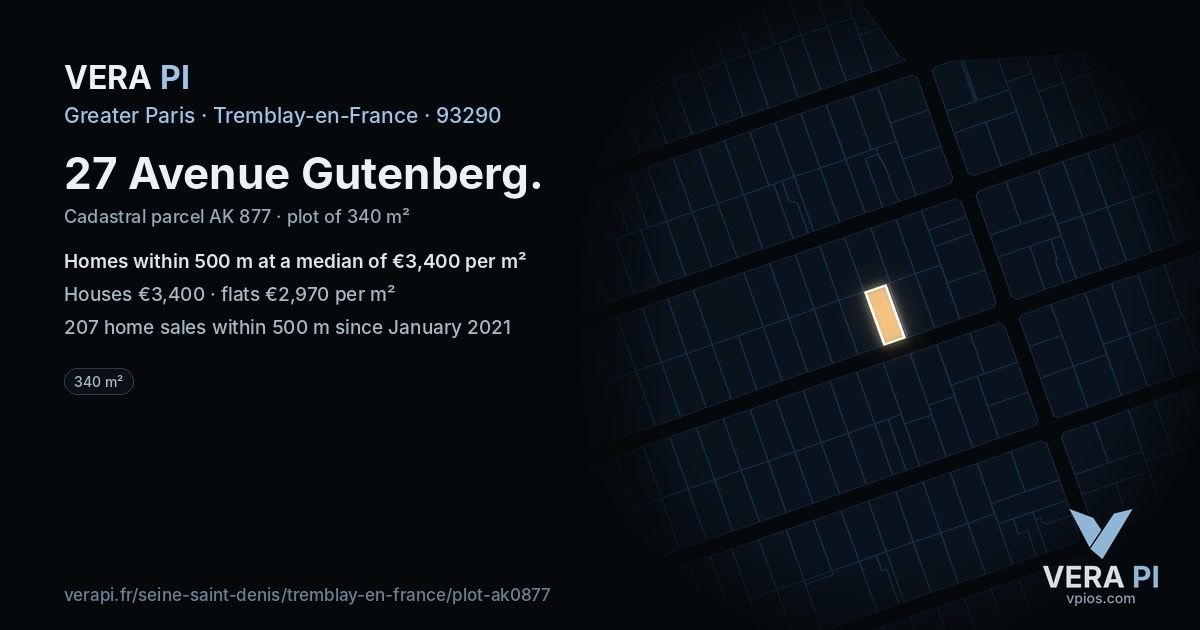 27 Avenue Gutenberg, Tremblay-en-France at night – the plot lit, the parcels around coloured by the prices near them
