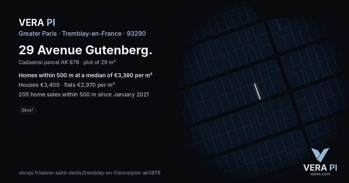 29 Avenue Gutenberg, Tremblay-en-France at night – the plot lit, the parcels around coloured by the prices near them