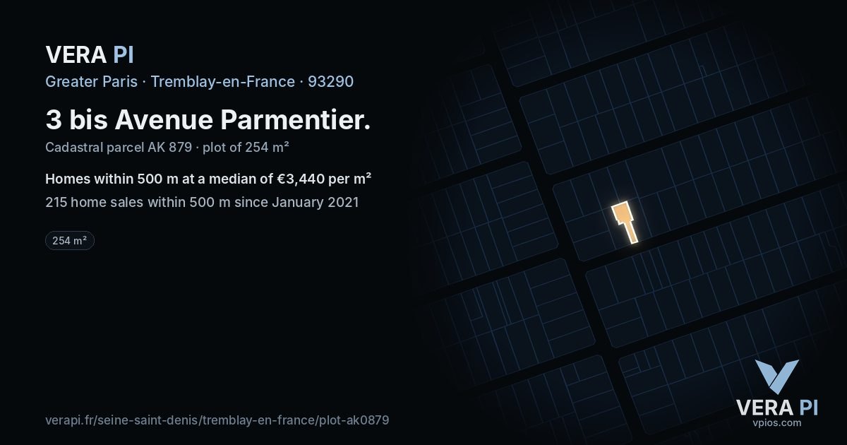 3 bis Avenue Parmentier, Tremblay-en-France at night – the plot lit, the parcels around coloured by the prices near them