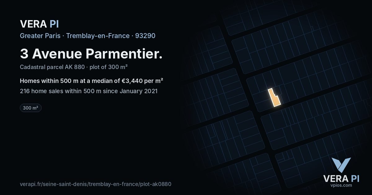 3 Avenue Parmentier, Tremblay-en-France at night – the plot lit, the parcels around coloured by the prices near them