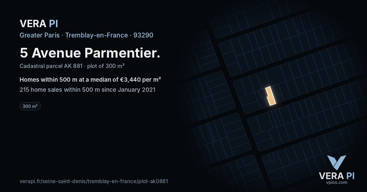 5 Avenue Parmentier, Tremblay-en-France at night – the plot lit, the parcels around coloured by the prices near them