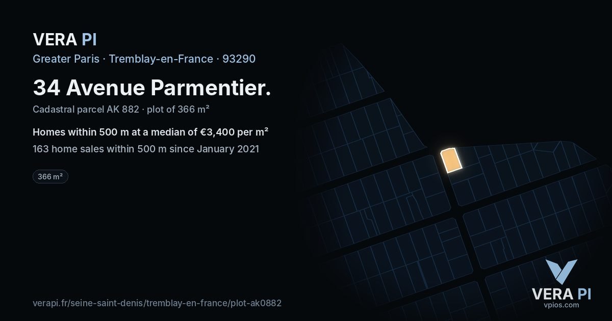 34 Avenue Parmentier, Tremblay-en-France at night – the plot lit, the parcels around coloured by the prices near them