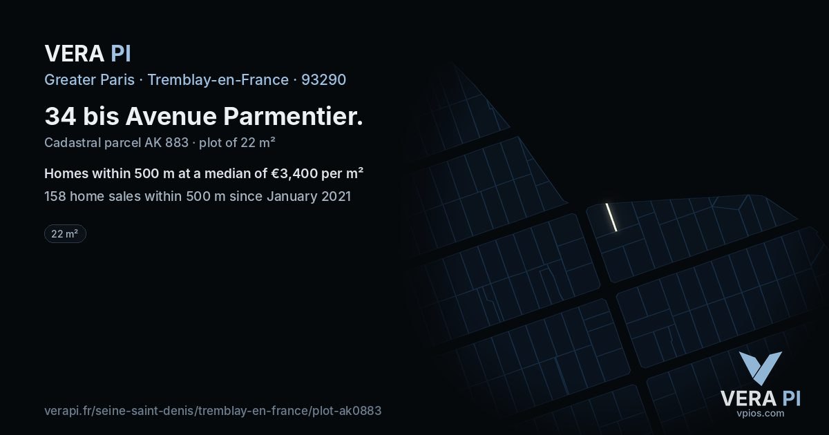 34 bis Avenue Parmentier, Tremblay-en-France at night – the plot lit, the parcels around coloured by the prices near them