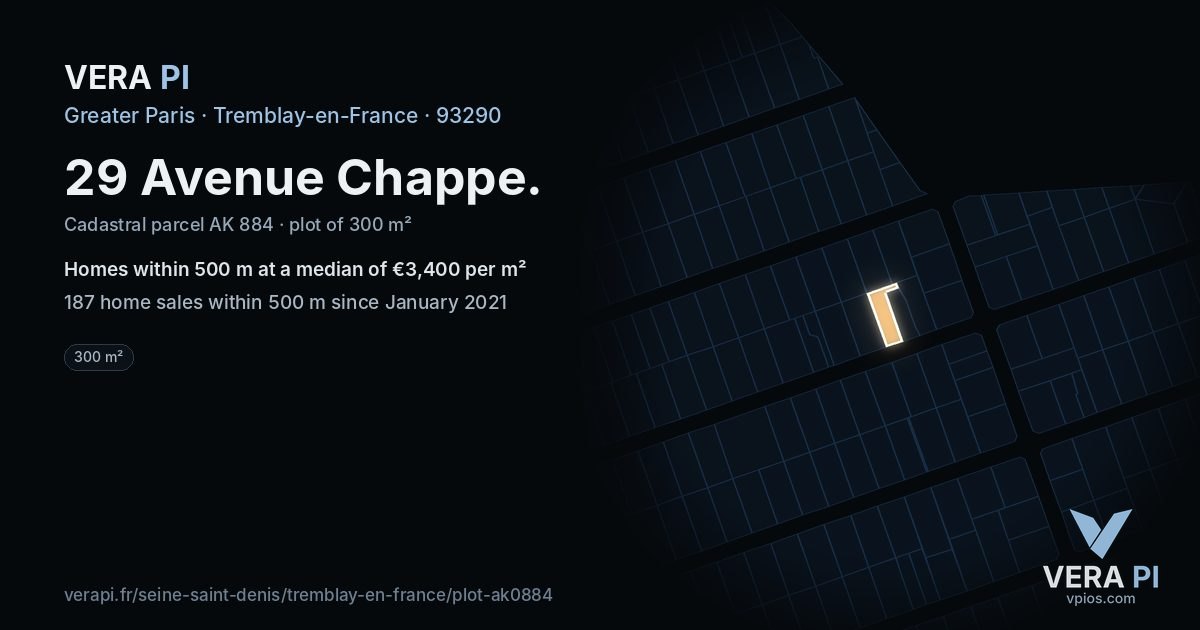 29 Avenue Chappe, Tremblay-en-France at night – the plot lit, the parcels around coloured by the prices near them
