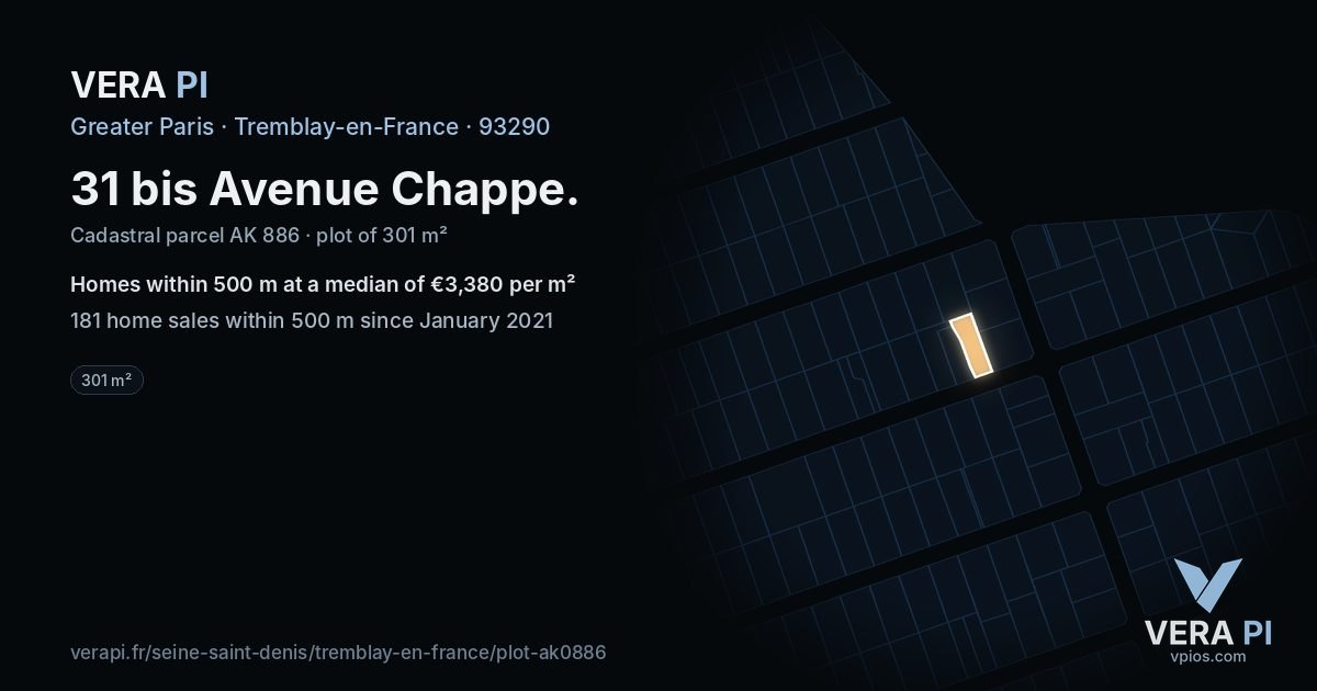 31 bis Avenue Chappe, Tremblay-en-France at night – the plot lit, the parcels around coloured by the prices near them
