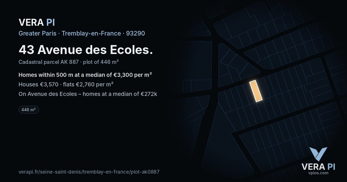 43 Avenue des Ecoles, Tremblay-en-France at night – the plot lit, the parcels around coloured by the prices near them