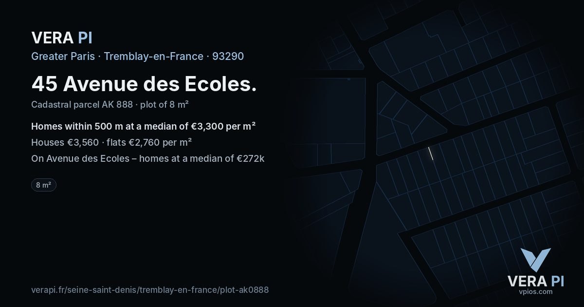 45 Avenue des Ecoles, Tremblay-en-France at night – the plot lit, the parcels around coloured by the prices near them