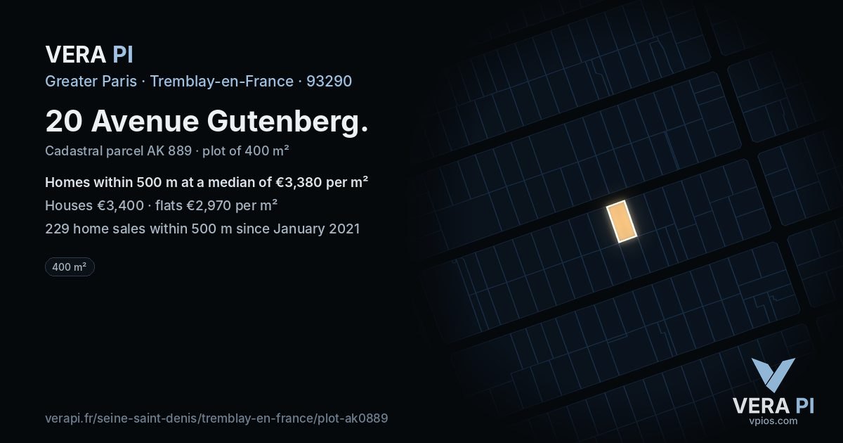 20 Avenue Gutenberg, Tremblay-en-France at night – the plot lit, the parcels around coloured by the prices near them
