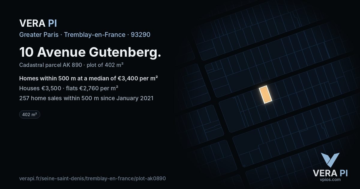 10 Avenue Gutenberg, Tremblay-en-France at night – the plot lit, the parcels around coloured by the prices near them