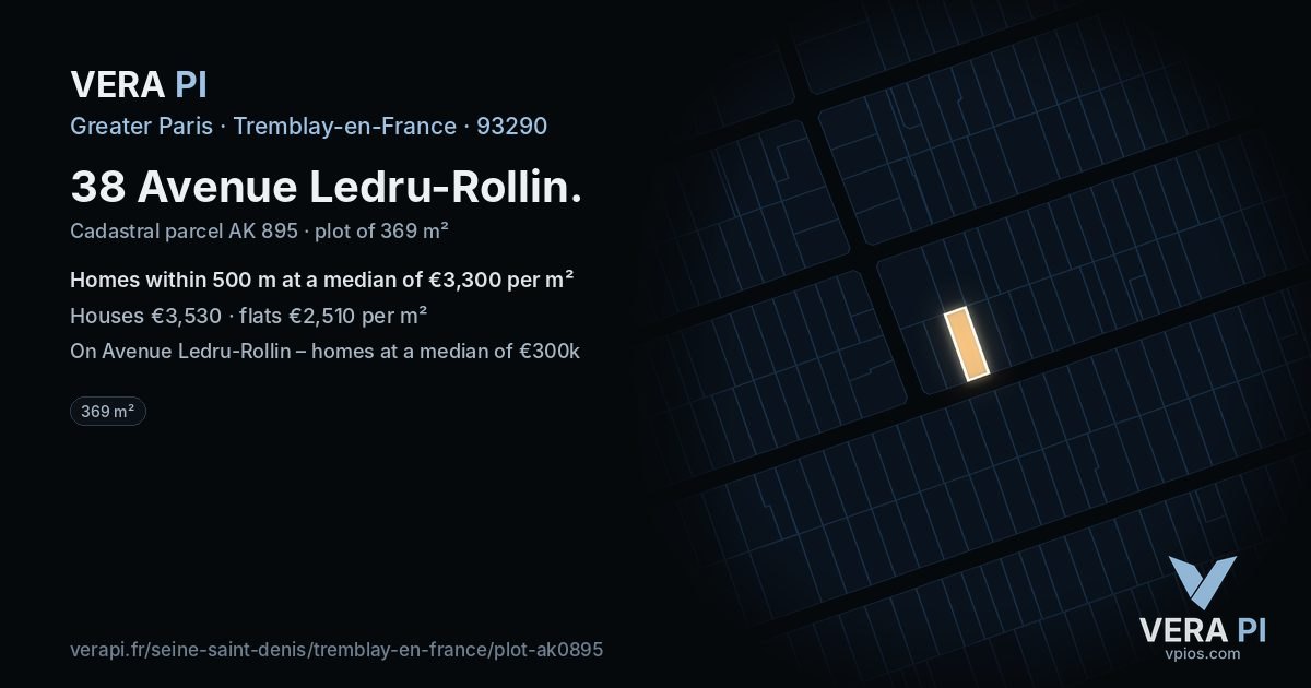 38 Avenue Ledru-Rollin, Tremblay-en-France at night – the plot lit, the parcels around coloured by the prices near them
