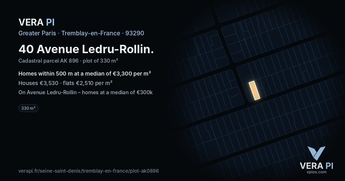 40 Avenue Ledru-Rollin, Tremblay-en-France at night – the plot lit, the parcels around coloured by the prices near them