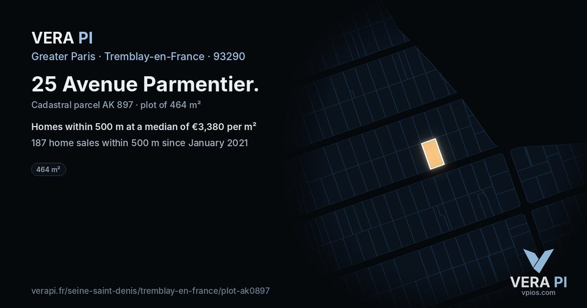 25 Avenue Parmentier, Tremblay-en-France at night – the plot lit, the parcels around coloured by the prices near them