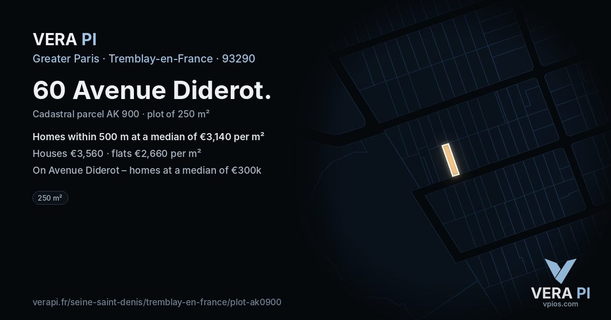 60 Avenue Diderot, Tremblay-en-France at night – the plot lit, the parcels around coloured by the prices near them